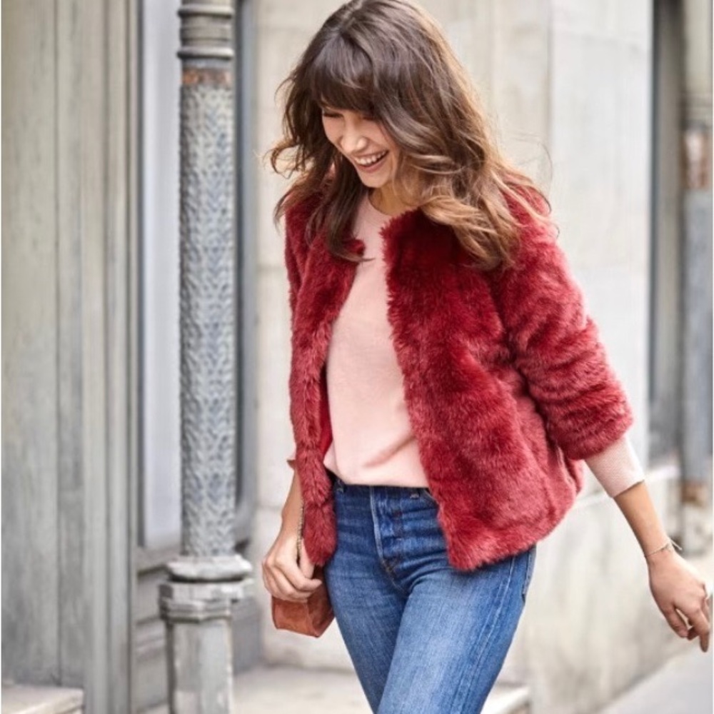 Sezane Lio Faux Fur Jacket in Grenade, Size 36 US 4